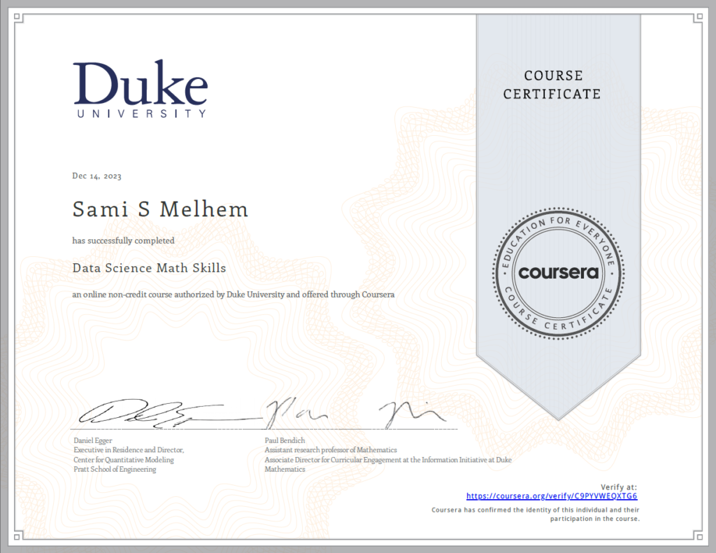 Duke University Data Science Math Skills Course Certificate from Coursera